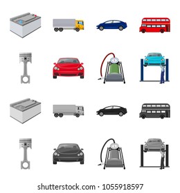 Car on lift, piston and pump cartoon,monochrome icons in set collection for design.Car maintenance station vector symbol stock illustration web.