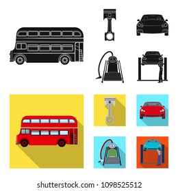 Car on lift, piston and pump black, flat icons in set collection for design.Car maintenance station vector symbol stock illustration web.