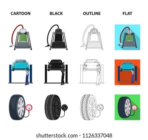 Car on lift, piston and pump cartoon,black,outline,flat icons in set collection for design.Car maintenance station vector symbol stock illustration web.