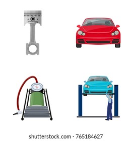 Car on lift, piston and pump cartoon icons in set collection for design.Car maintenance station vector symbol stock illustration web.