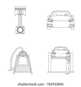 Car on lift, piston and pump outline icons in set collection for design.Car maintenance station vector symbol stock illustration web.