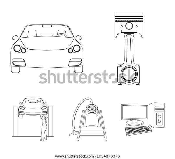 Car on lift, piston and pump outline icons in set\
collection for design.Car maintenance station vector symbol stock\
illustration web.