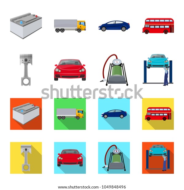 Car on lift, piston and pump cartoon,flat icons in
set collection for design.Car maintenance station vector symbol
stock illustration web.