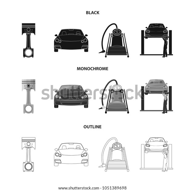 Car on lift, piston and pump\
black,monochrome,outline icons in set collection for design.Car\
maintenance station vector symbol stock illustration\
web.