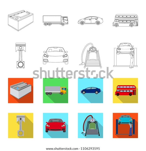 Car on lift, piston and pump outline,flat icons in\
set collection for design.Car maintenance station vector symbol\
stock illustration web.