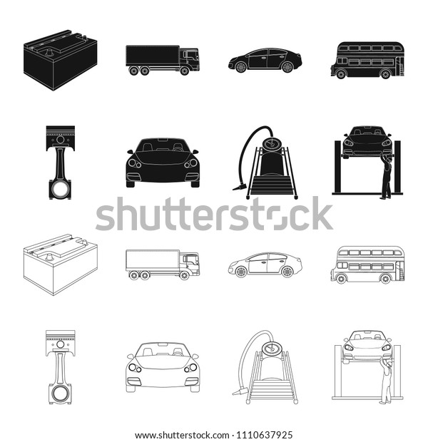 Car on lift, piston and pump black,outline icons in\
set collection for design.Car maintenance station vector symbol\
stock illustration web.