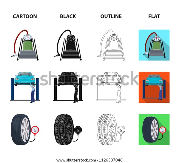 Car on lift, piston and pump\
cartoon,black,outline,flat icons in set collection for design.Car\
maintenance station vector symbol stock illustration\
web.