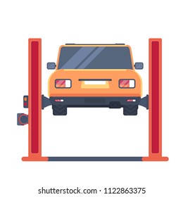 Car on lift platform. Repair service. Garage equipment. Back view. Vector illustration isolated on white.