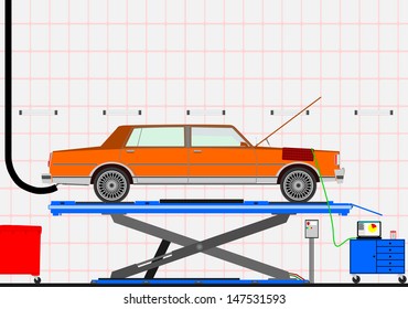 Car on a lift in the workshop. Place for any text.