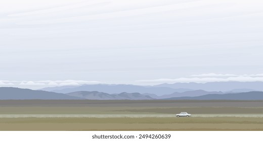 Car on local road through the field and mountain ranges in autumn season flat design graphic illustrated have blank space. Minimalism countryside landscape transportation concept. 