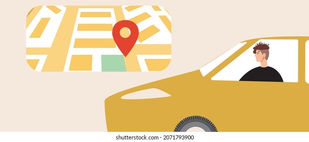 Car On The Map, Non-binary Person Driver. Flat Vector Stock Illustration. Geolocation Online On The Map. Geolocation Technologies. GPS Technology. Search Online. Vector Graphics