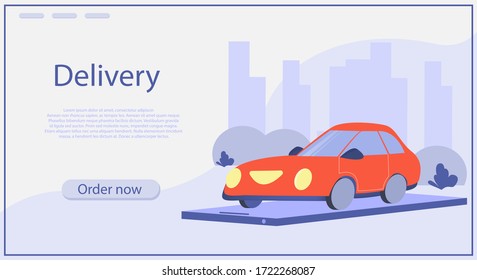 Camión en un teléfono móvil sobre un fondo de la ciudad. Entrega y transporte. El concepto de estar en casa. Estilo de caricatura plano. Plantilla de ilustración vectorial para un banner.