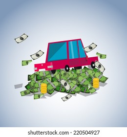 car on money stack, debt concept - vector illustration