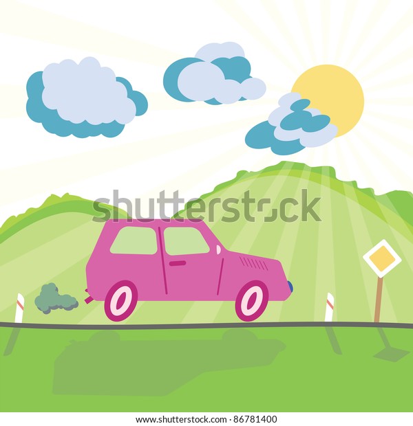 Car on the mountain road and shiny sunny background\
in childish cartoon style