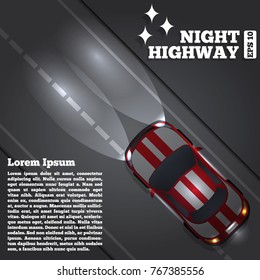 A car on night road. Vector illustration