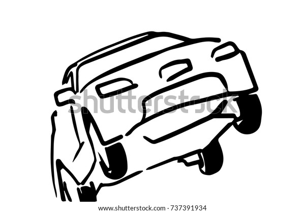 The\
car is on one wheel. A stunt trick with a car. Black and white\
vector sketch. Simple drawing at white\
background.