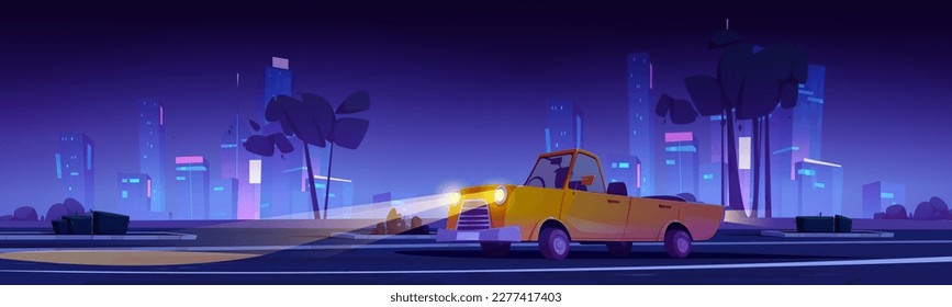 Car on parking in night city. Vector cartoon illustration of yellow cabriolet auto with driver silhouette inside driving highway with headlights on against illuminated modern cityscape background