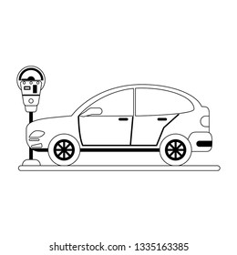 Car on parking zone black and white