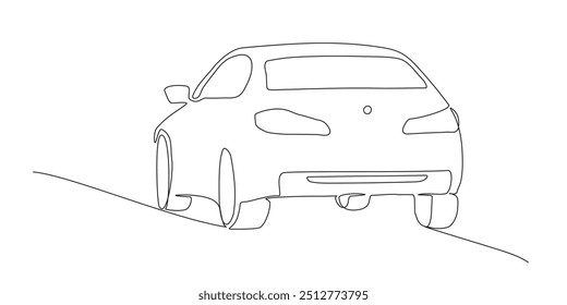 Coche en la carretera. Vista posterior. Dibujo de línea continua. Ilustración vectorial en blanco y negro en estilo de arte de línea.