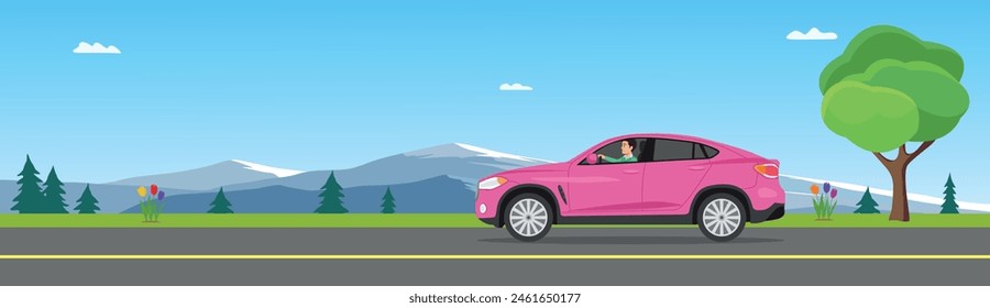 Car on road banner flat vector illustration. mountain in background.