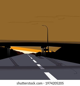 A car on the road, a bridge across the road. Vector illustration.