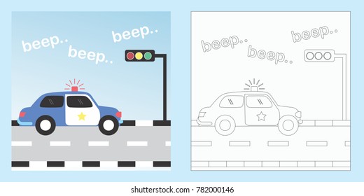 car on road cartoon, coloring page or book