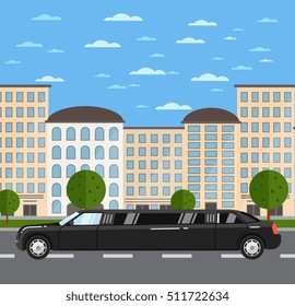 Car on road on city background. Vector limousine car. Vehicles cartoon car on road. Limousine car side view isolated. 