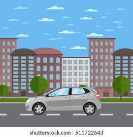 Car on road on city background. Vector hatchback car. Vehicles cartoon car on road.
