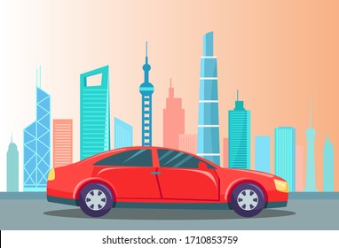 Car on road of city vector, red sportscar in town with skyscrapers. Modern business downtown with automobile, vehicle and landscape. Transportation illustration in flat style design for web, print