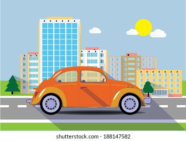 Coche en una carretera de la ciudad. Ilustración vectorial.