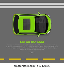 Car on road conceptual web banner. Green mini car goes on highway flat style vector illustration. Modern urban transport and city traffic concept. For travel or car rental company landing page design 