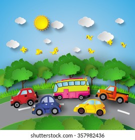 car on road curve with sunshine and birds on blue sky.paper art style.