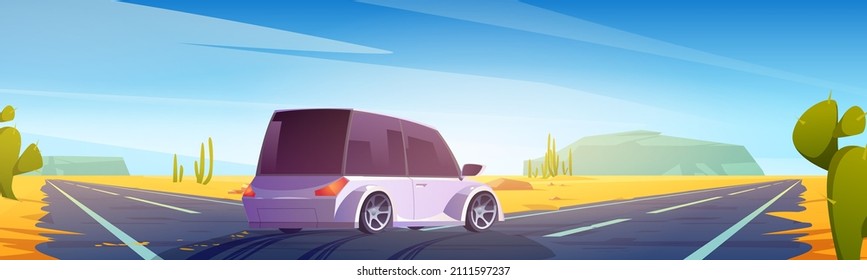 Coche en el tenedor de la carretera en el desierto. Concepto de elección de dirección, toma decisiones, elige camino. Dibujo de dibujos animados del paisaje del desierto cálido con arena, cactús, cruce de carreteras y vehículo subterráneo