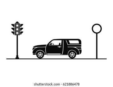 Car on the road in front of a traffic light vector illustration
