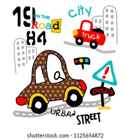 car on the road funny cartoon,vector illustration