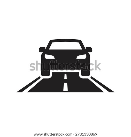 Car on road icon vector illustration showing vehicle driving highway perspective view travel transport journey trip concept isolated white background design element