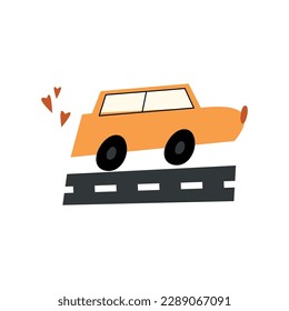 Car on a road isolated on white background. Cute cartoon orange automobile vector illustration. Childish vehicle t shirt print, fun poster design, etc.