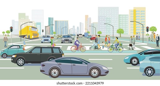 Coche en la intersección de la carretera en embotellamiento de tráfico con paso peatonal, ilustración
