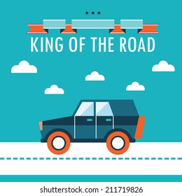 Car on the road. King of the road. Flat design background template. Vector illustration