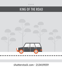 Car on the road. King of the road. Flat design background template. Vector illustration
