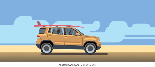 Car on road landscape side view. Travel illustration