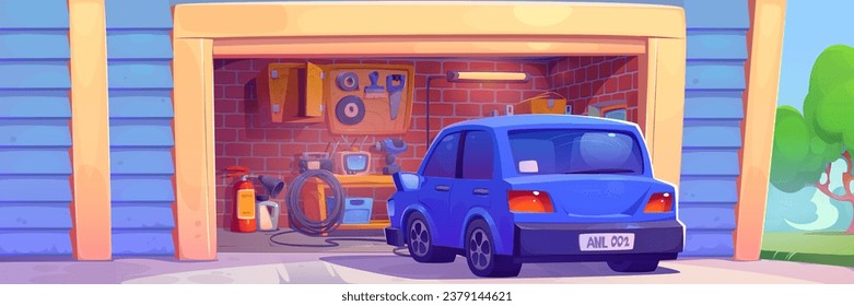 Car on road near house garage vector background. home workshop inside interior with repair tool inventory, tire and extinguisher concept. Household storeroom picture with automobile maintenance stuff