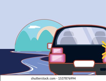 car on the road over purple background, colorful design. vector illustration