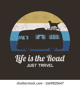 Car on road. People in camper. Family road trip. Retro background
