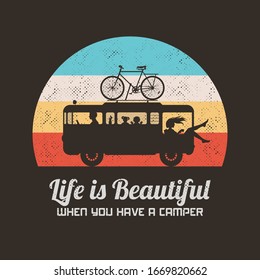 Car on road. People in camper. Family road trip. Retro background