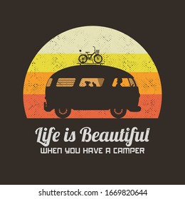 Car on road. Retro illustration with silhouettes of people and cat in camper. Family road trip. Vector background for prints, t-shirts