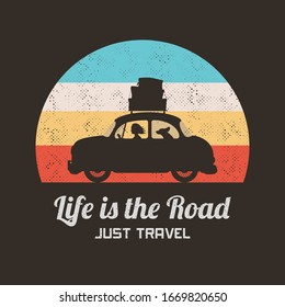 Car on road. Retro illustration with silhouette of woman with dog in road trip. Vector background for prints, t-shirts