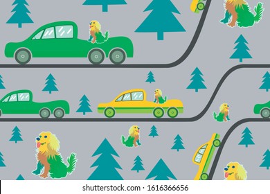 car on the road seamless pattern white tree and cute dog