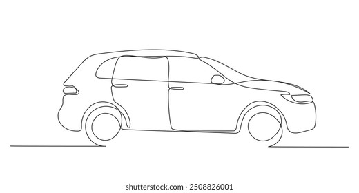 Coche en la carretera. Vista lateral. Dibujo continuo de una línea. Ilustración vectorial en blanco y negro en estilo de arte de línea.