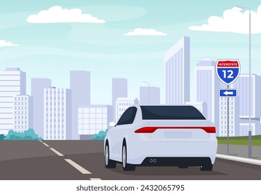Car on the road. Road Signs. Orientation on the road highway for drivers safe driving. Vector illustration
